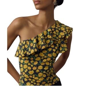 Anthropologie Ruffled One Shoulder Blouse‎ Black Yellow Size Large